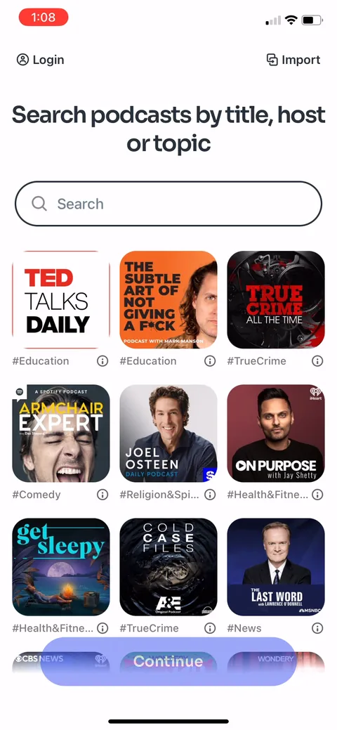 Podcast App onboarding screen 3: Login and Import sit up in the corners, never forced, and the 'onboarding' is just browsing real podcast…