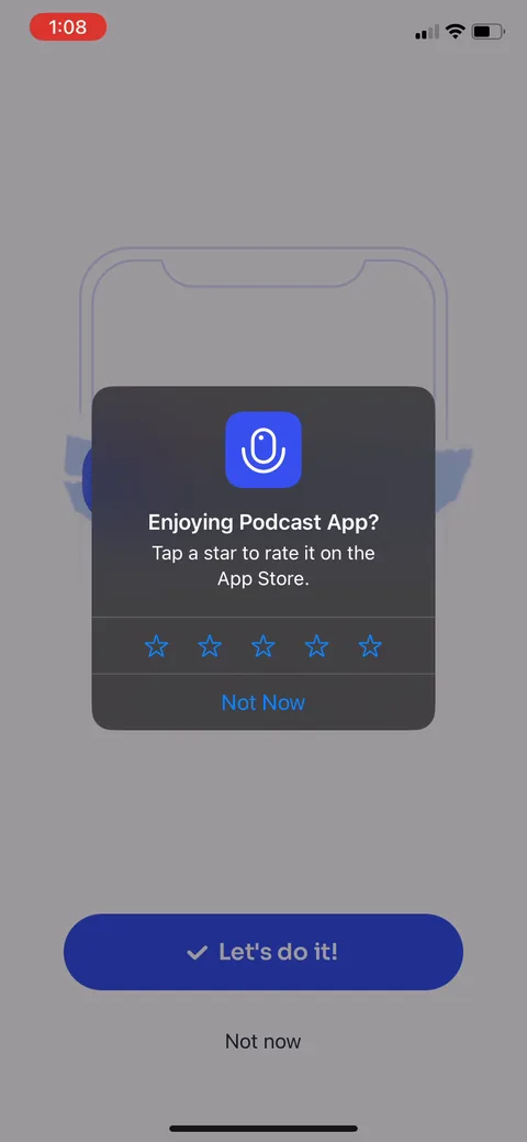 Podcast App onboarding screen 9: Rate prompt this early, before they've listened to anything
