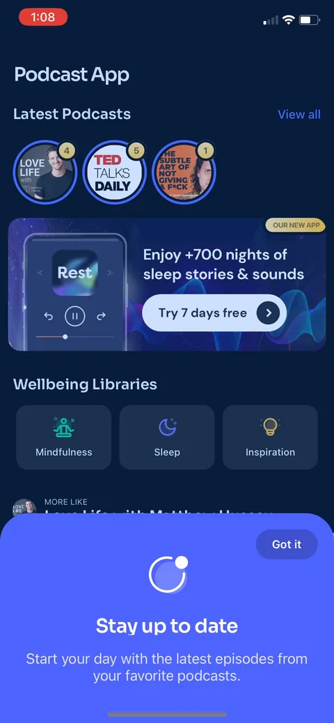 Podcast App onboarding screen 12: Two things stacked on the home feed: a 'Stay up to date' notification primer and a banner cross-promoting…