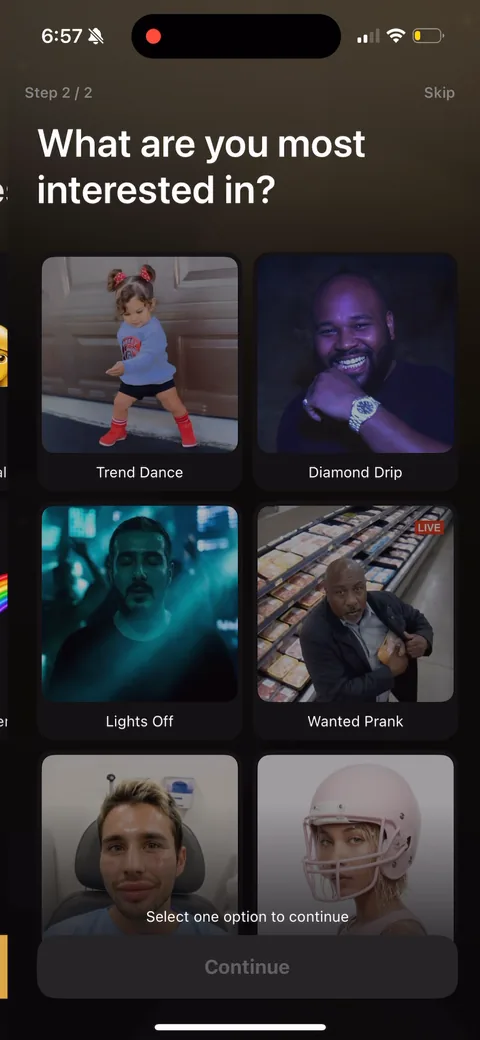 Pose onboarding screen 3: This is the question that matters: pick a content interest (Trend Dance, Lights Off, Wanted Prank...) so the…