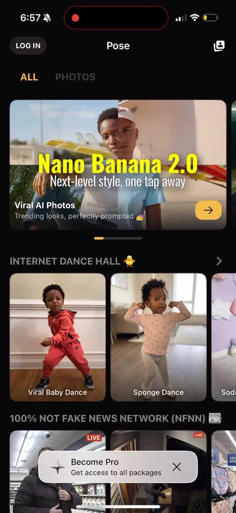 Pose onboarding screen 9: Home feed dropped straight in front of you, no blank dashboard, and a persistent 'Become Pro / Get access to…