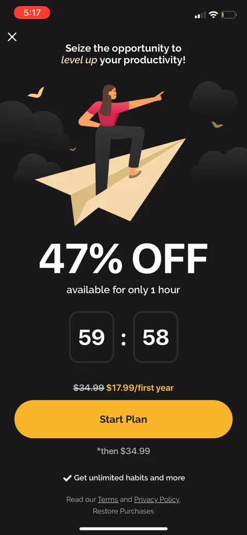 Productive onboarding screen 35: Second paywall, this time 47% off with a 1-hour countdown and $34.99 struck through to $17.99 first year