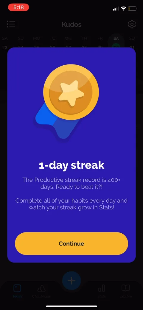 Productive onboarding screen 46: Right after the first completion: 