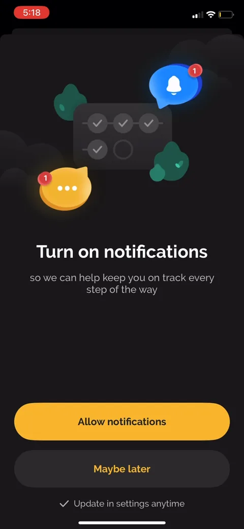 Productive onboarding screen 49: Notification permission asked after the user has completed a habit and seen the streak, framed as 