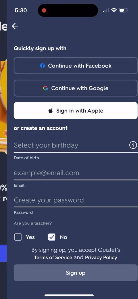 Quizlet onboarding screen 3: Signup is the third screen, before you've seen a single flashcard