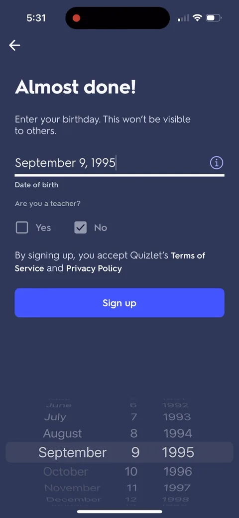 Quizlet onboarding screen 11: 'Almost done!' doing goal gradient work on a form that's two fields long