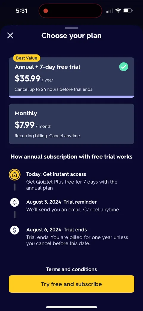 Quizlet paywall with pricing, onboarding screen 13