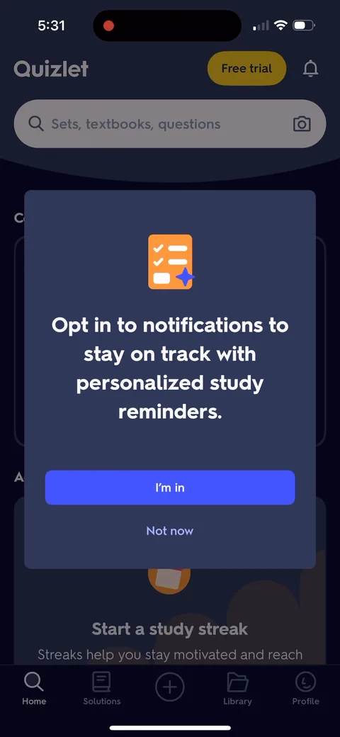 Quizlet onboarding screen 14: Notification ask framed as a benefit, 'personalized study reminders', rather than the system default
