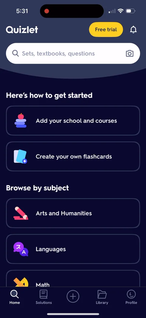 Quizlet onboarding screen 15: 'Here's how to get started' with three concrete actions instead of a blank home screen