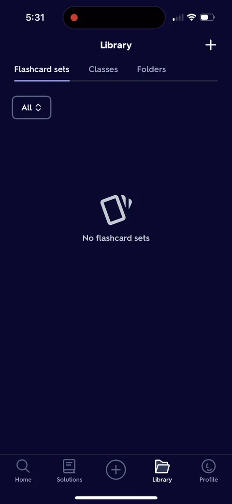 Quizlet onboarding screen 17: Empty library with 'No flashcard sets' and no button to make one