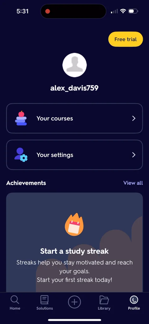 Quizlet onboarding screen 18: Streaks introduced on the profile tab, behind a tap most new users won't make