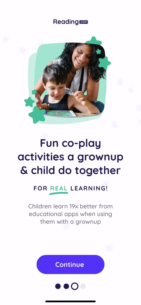 Readingcom onboarding screen 5: 'Children learn 19x better from educational apps when using them with a grownup.' A specific stat that…