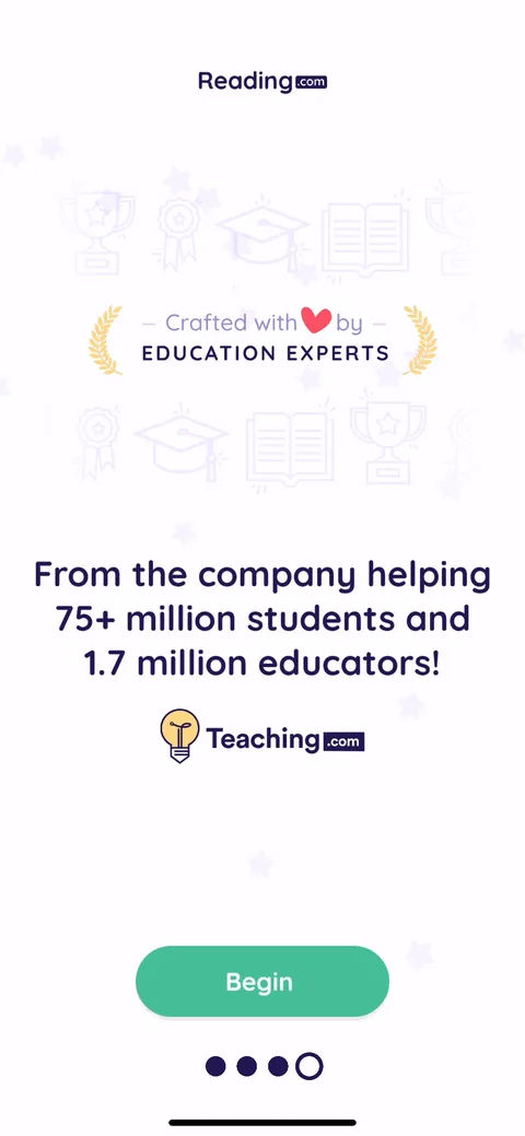 Readingcom onboarding screen 6: Borrowed authority: laurels, 'crafted by education experts,' and 'from the company helping 75+ million…