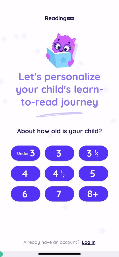 Readingcom onboarding screen 8: Asks the child's age first