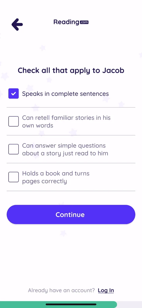 Readingcom onboarding screen 13: 'Check all that apply to Jacob' on reading-readiness skills