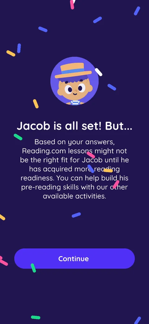 Readingcom onboarding screen 17: 'Jacob is all set