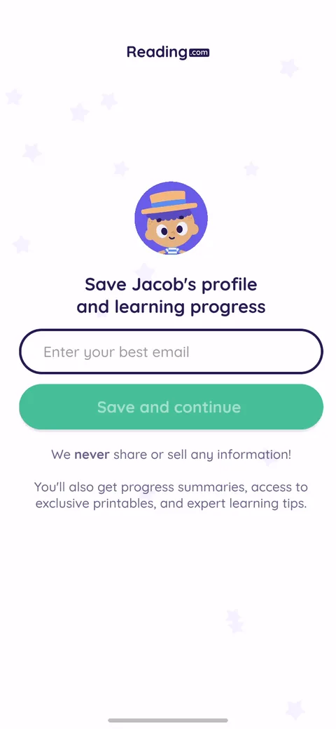 Readingcom onboarding screen 20: Email gate framed as saving the child's progress, not signup: 'Save Jacob's profile and learning progress,'…