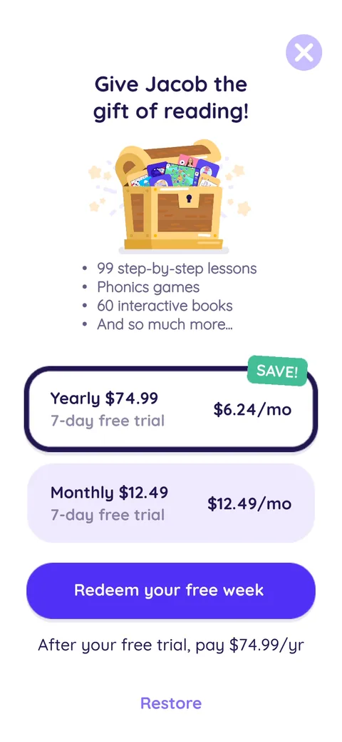 Readingcom paywall with pricing, onboarding screen 35