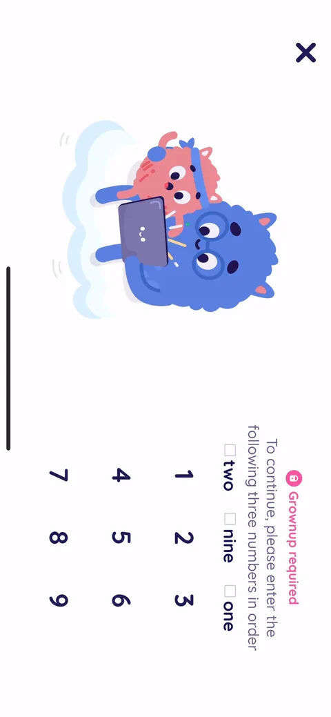 Readingcom onboarding screen 42: 'Grownup required' gate: enter three numbers in order