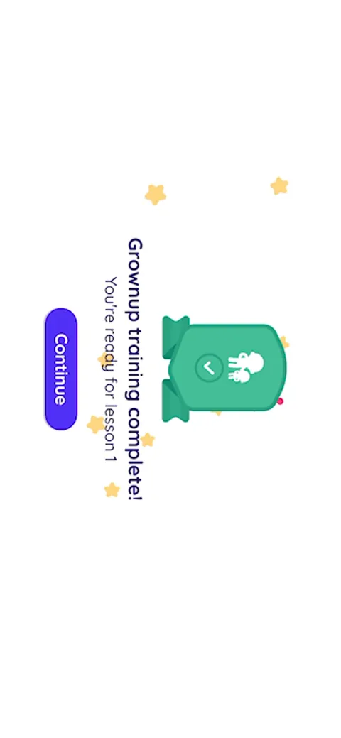 Readingcom onboarding screen 88: 'Grownup training complete, you're ready for lesson 1.' Pays off the long training section and hands the…