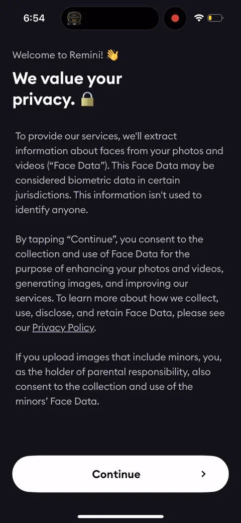 Remini onboarding screen 4: Biometric/face-data consent framed as a feature, not a warning: 'we'll extract information about faces from…