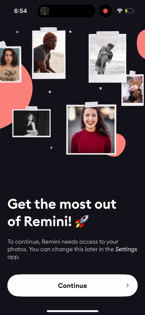 Remini onboarding screen 5: Photo-access pre-prompt before the real iOS dialog