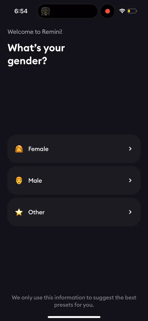 Remini onboarding screen 9: One personalization question