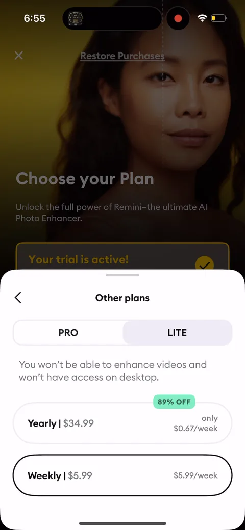 Remini onboarding screen 26: 'Other plans' opens a Pro vs Lite comparison with the yearly tagged '89% OFF' and a per-week price…