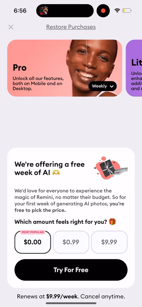 Remini onboarding screen 41: Second-offer paywall, and it's the 'design your subscription' / pick-your-price free week