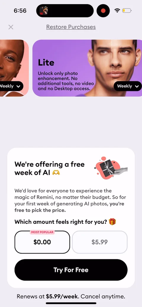 Remini onboarding screen 42: The pick-your-price offer carries into the Lite tier too ('Unlock only photo enhancement, no video, no…