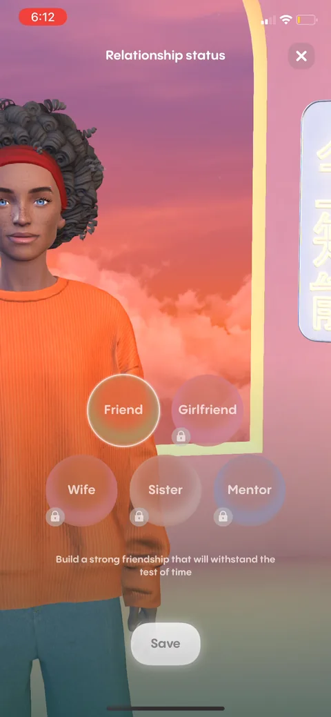 Replika onboarding screen 101: Relationship status inside the product: Friend is free, but Girlfriend, Wife, Sister, and Mentor are locked…