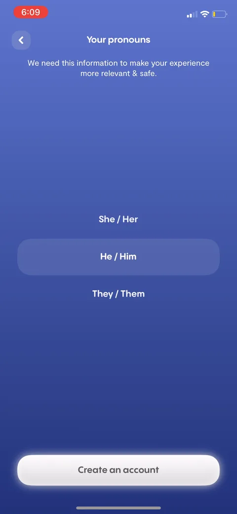 Replika onboarding screen 11: Pronouns asked early, framed as 'we need this information to make your experience more relevant & safe.' It's…