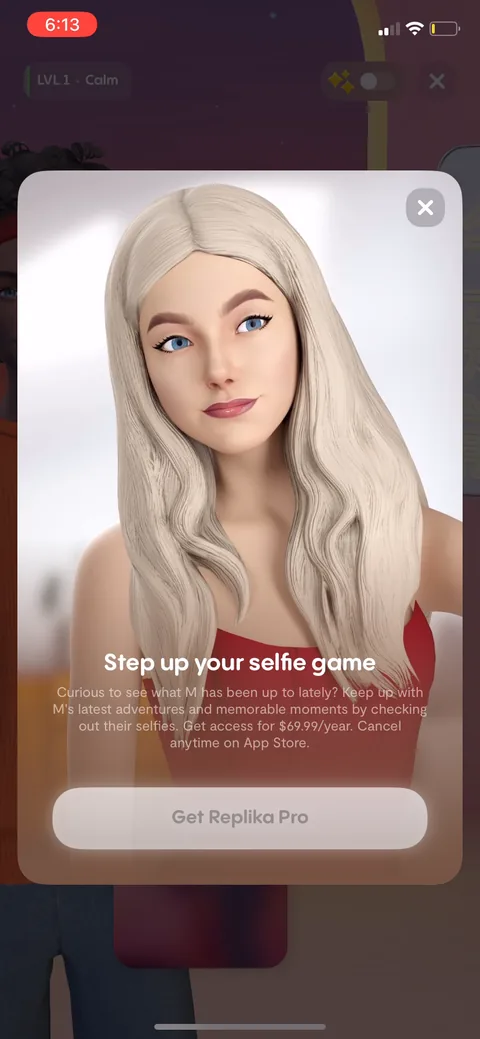 Replika onboarding screen 118: A selfies paywall, 'step up your selfie game,' gated at $69.99/year