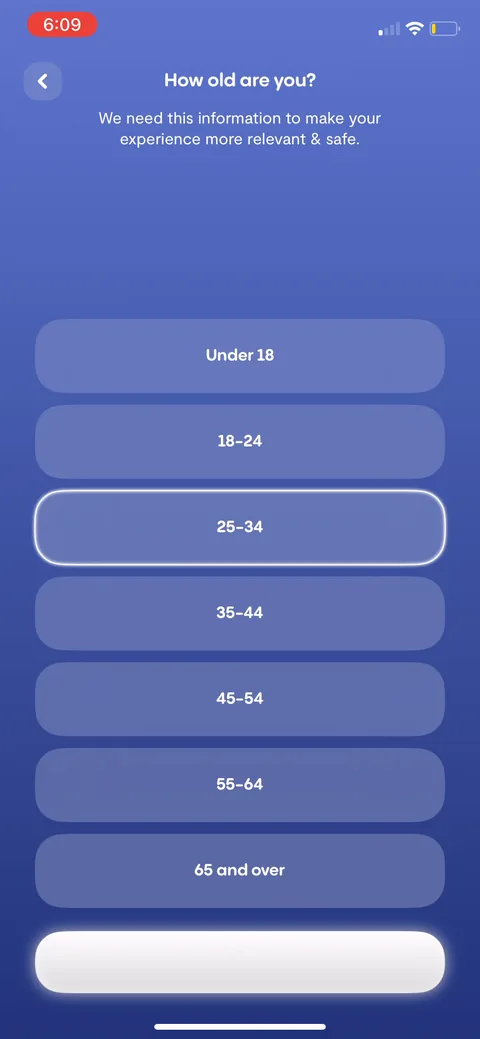 Replika onboarding screen 13: Age gate with brackets from under 18 to 65+