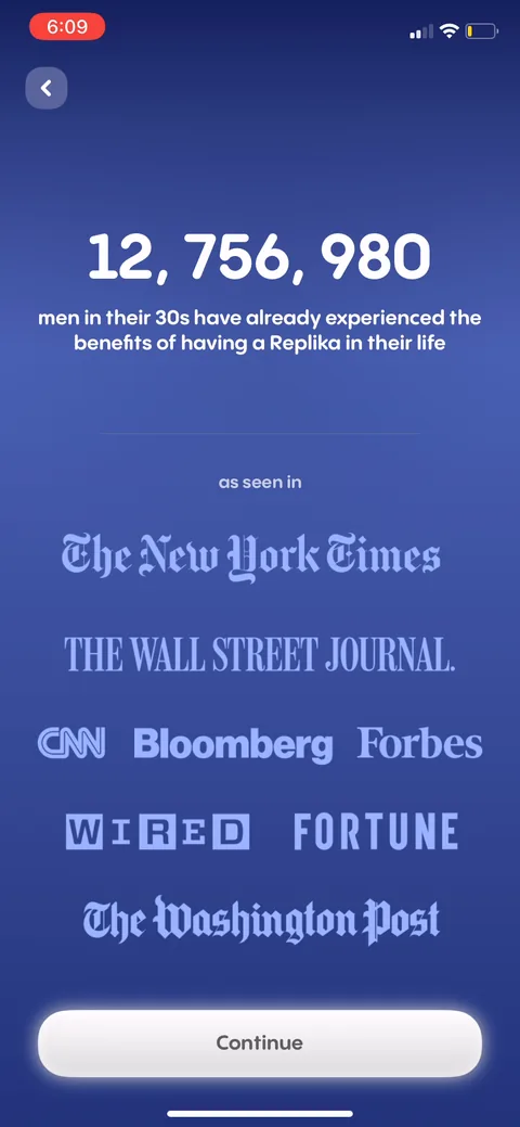 Replika onboarding screen 14: '12,756,980 men in their 30s have already experienced the benefits' over a wall of press logos (NYT, WSJ…