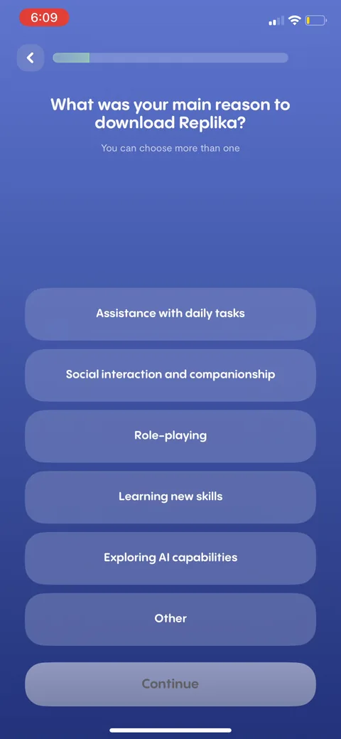 Replika onboarding screen 20: 'What was your main reason to download Replika