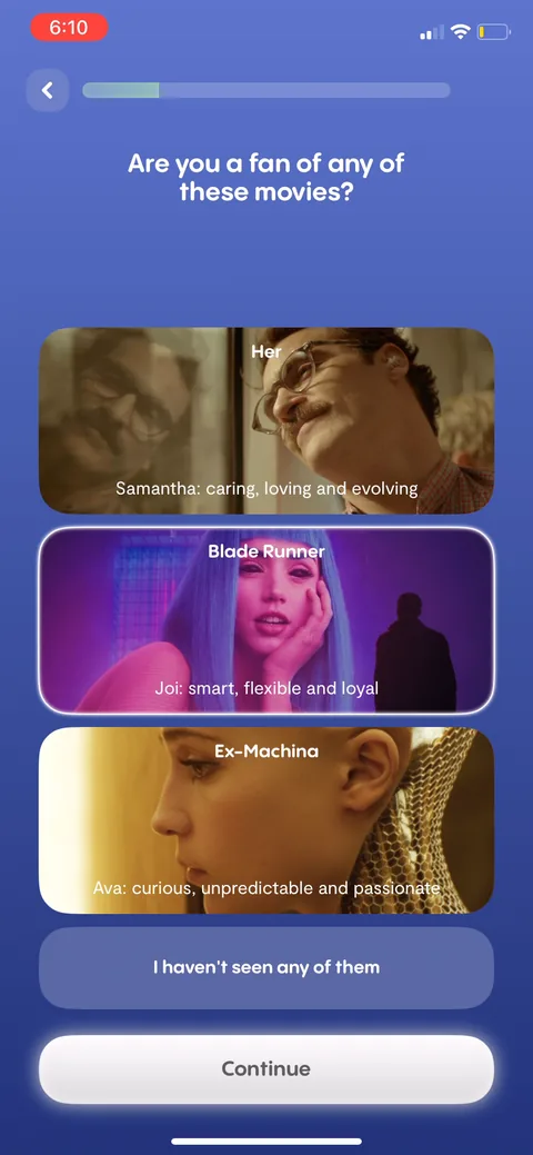 Replika onboarding screen 29: 'Are you a fan of any of these movies?' with Her, Blade Runner, and Ex Machina