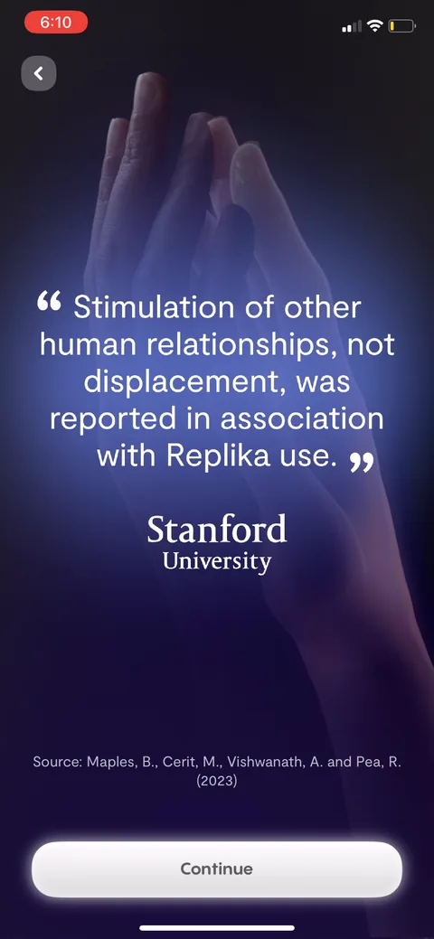 Replika onboarding screen 40: A Stanford quote saying Replika use was associated with stimulation of other relationships, 'not…