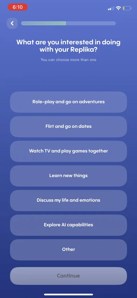 Replika onboarding screen 41: 'What are you interested in doing with your Replika?' with 'flirt and go on dates' and 'role-play and go on…