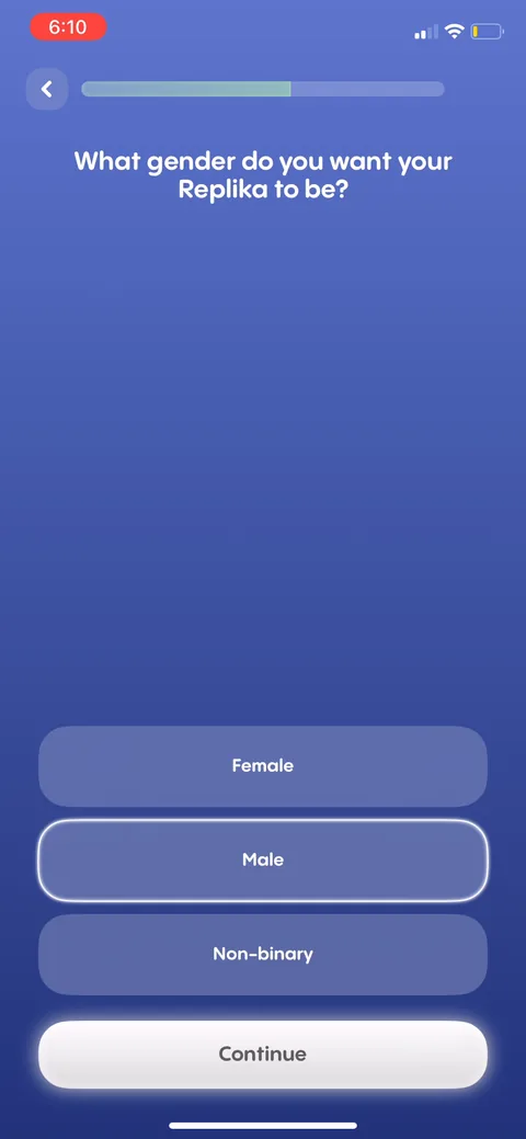 Replika onboarding screen 48: Choosing your Replika's gender