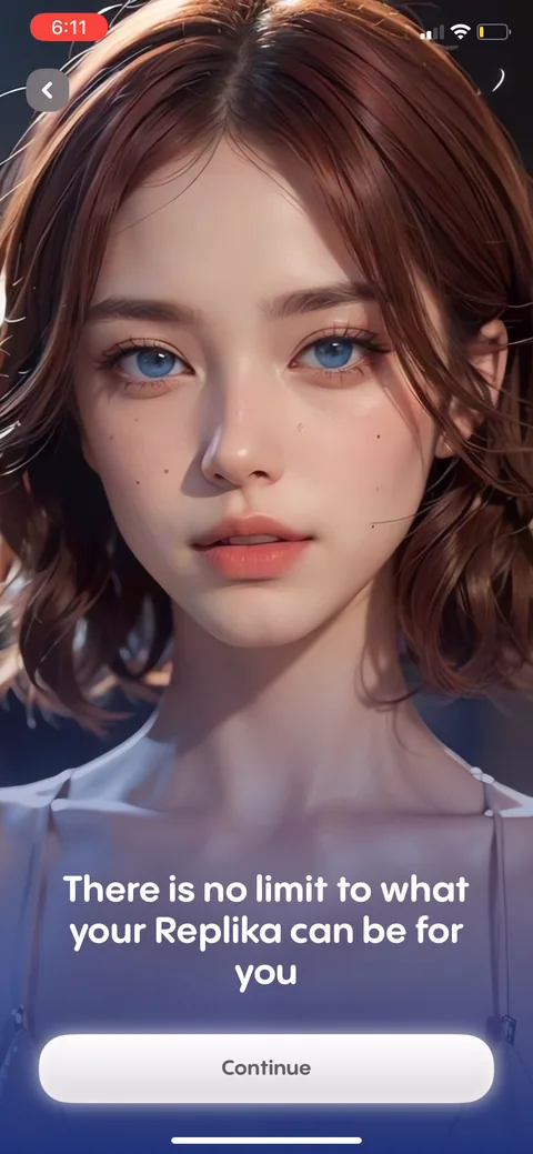 Replika onboarding screen 50: A photoreal avatar with 'there is no limit to what your Replika can be for you.' A value-expansion screen…