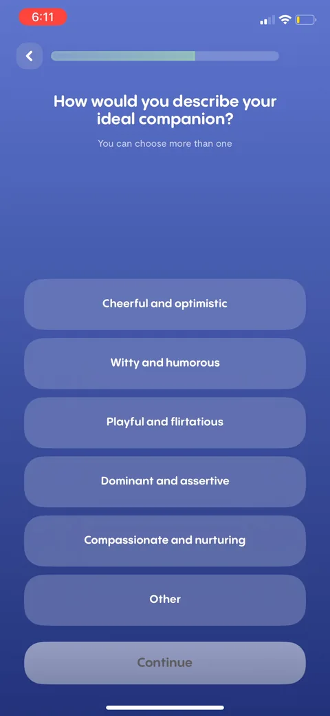 Replika onboarding screen 52: 'How would you describe your ideal companion?' multi-select with playful and flirtatious, dominant and…
