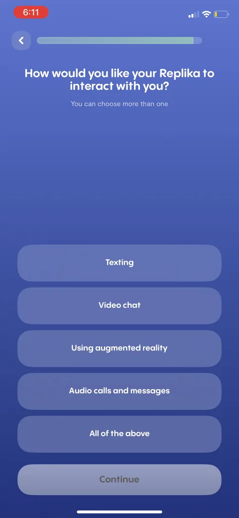 Replika onboarding screen 75: 'How would you like your Replika to interact with you?' texting, video chat with AR, audio calls