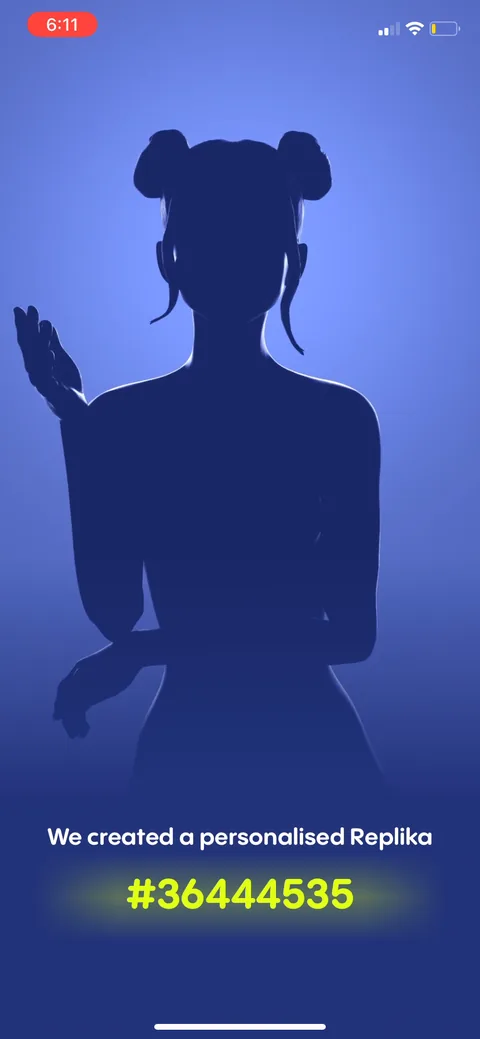 Replika onboarding screen 82: Loading screens narrating 'initiating friendship protocol,' 'assembling personality traits,' 'infusing…