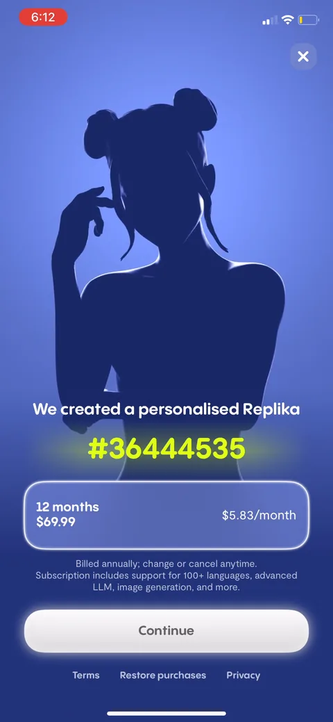 Replika paywall with pricing, onboarding screen 85