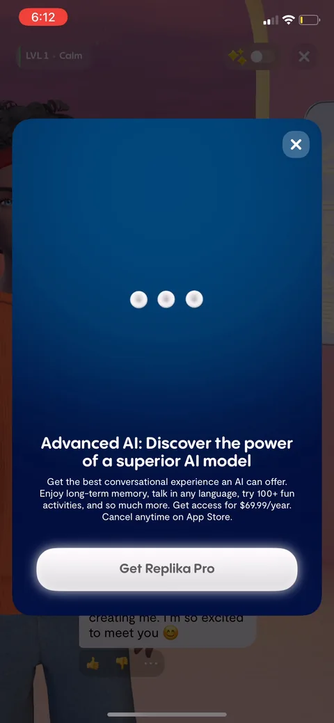 Replika onboarding screen 96: A second paywall, 'Advanced AI: discover the power of a superior AI model,' fired after your first chat…