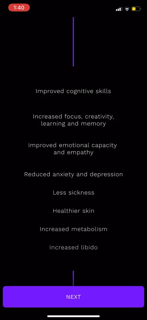 Rise onboarding screen 3: The drug's benefits: focus, memory, less anxiety, healthier skin, higher libido