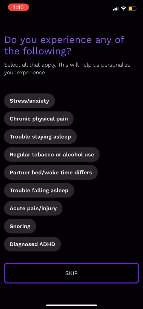 Rise onboarding screen 8: Multi-select symptoms with a skip option
