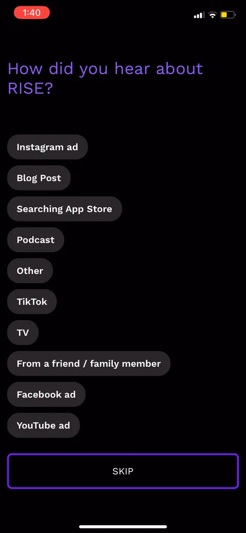 Rise onboarding screen 11: 'How did you hear about Rise' (Instagram, TikTok, podcast, a friend)