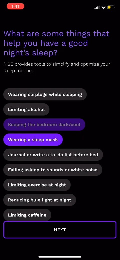 Rise onboarding screen 15: Multi-select sleep habits, framed as 'Rise provides tools to simplify and optimize your sleep routine.' Each…